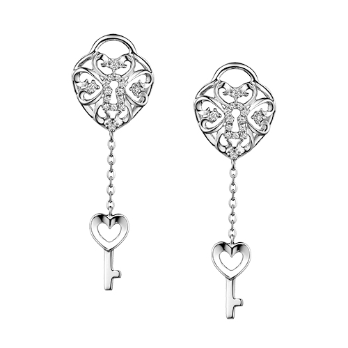 Dear Q "Be My Valentine Love Key"18K White Gold Diamond Earrings