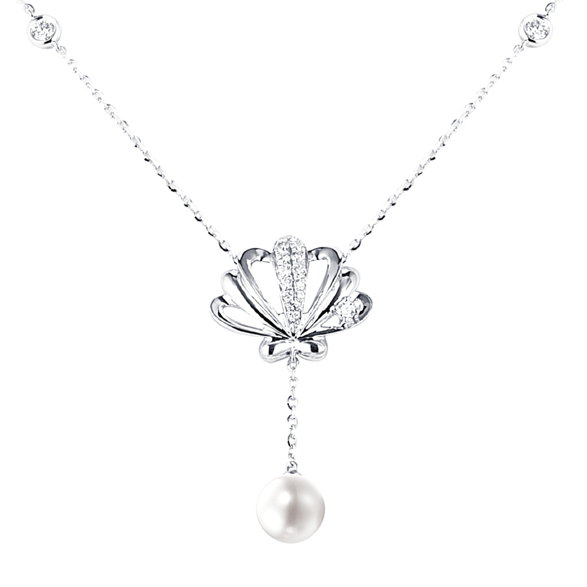 Dear Q "Seashell" 18K White Gold Diamond Necklace with Pearl